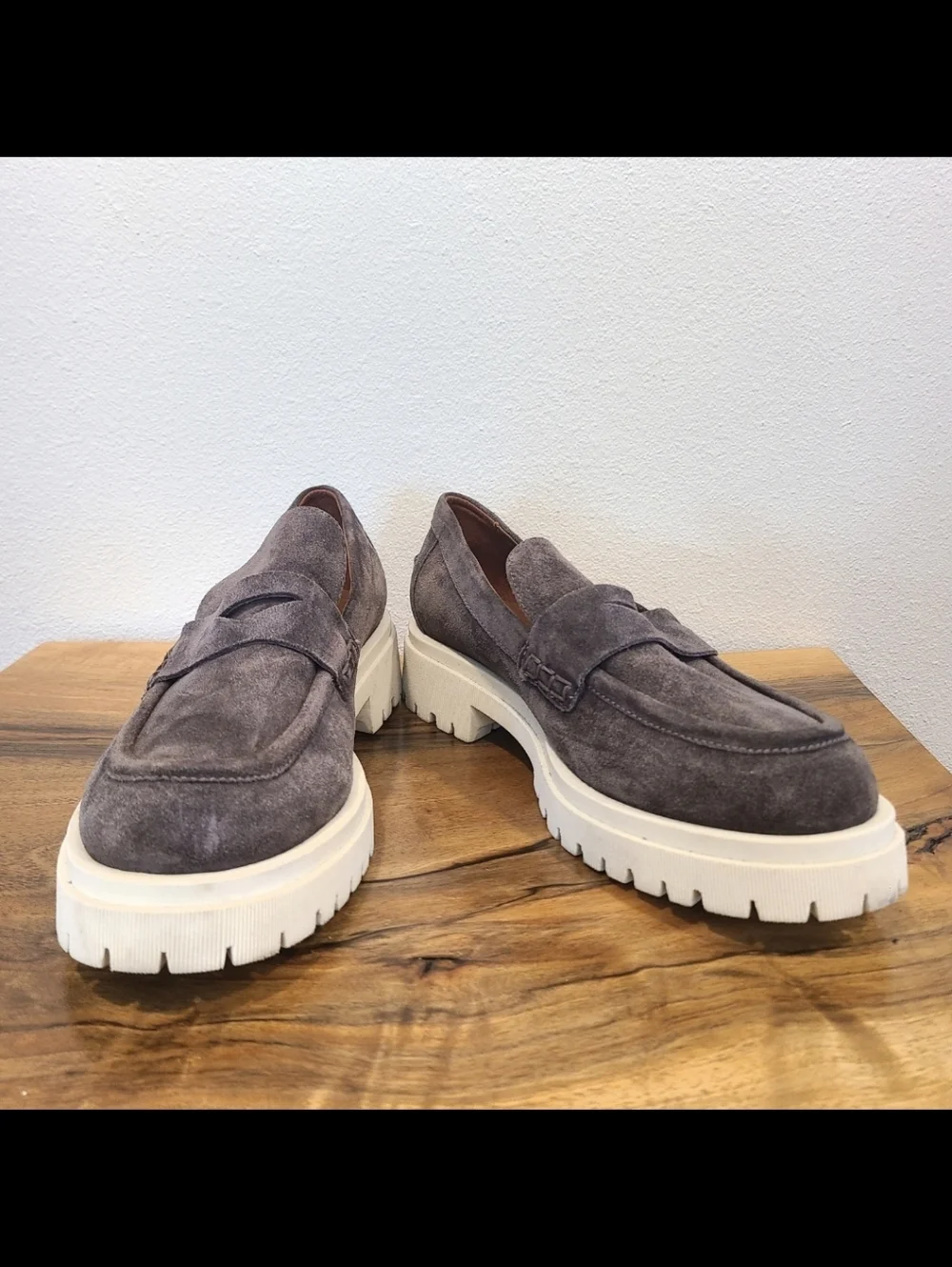 Aquatalia Orina Gray Suede Lug Sole Loafers